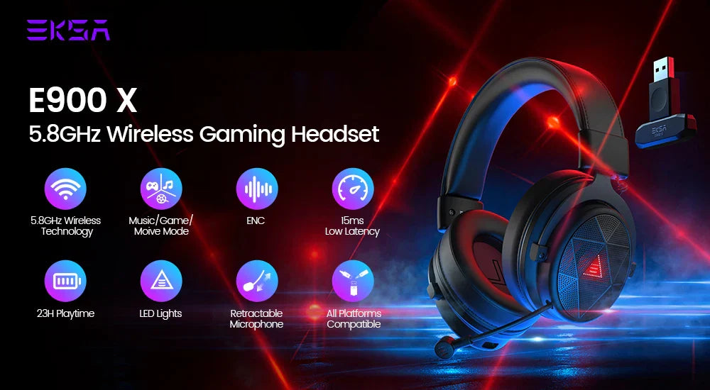 Gaming headset with blue illumination and a wireless USB dongle.