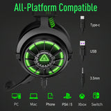 Gaming headset with bright green illuminated elements and multiple connection options.