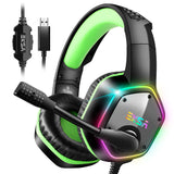 Gaming headset with colorful LED lighting and a microphone.