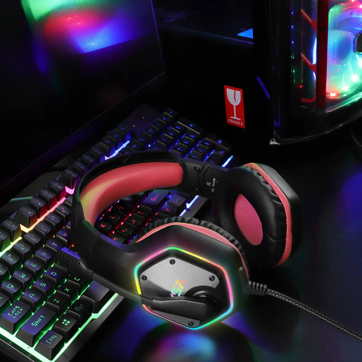 Gaming headset with colorful RGB lighting.