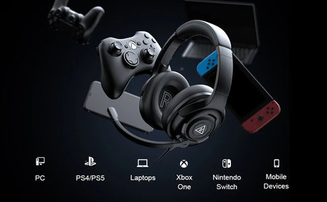 Gaming headset with a controller and steering wheel visible.