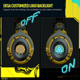 Gaming headset with customizable illuminated logo on each earpiece, shown in ’off’ and ’on’ states.