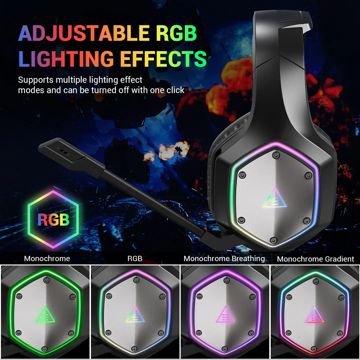 Gaming headset with customizable RGB lighting effects on the earcups.