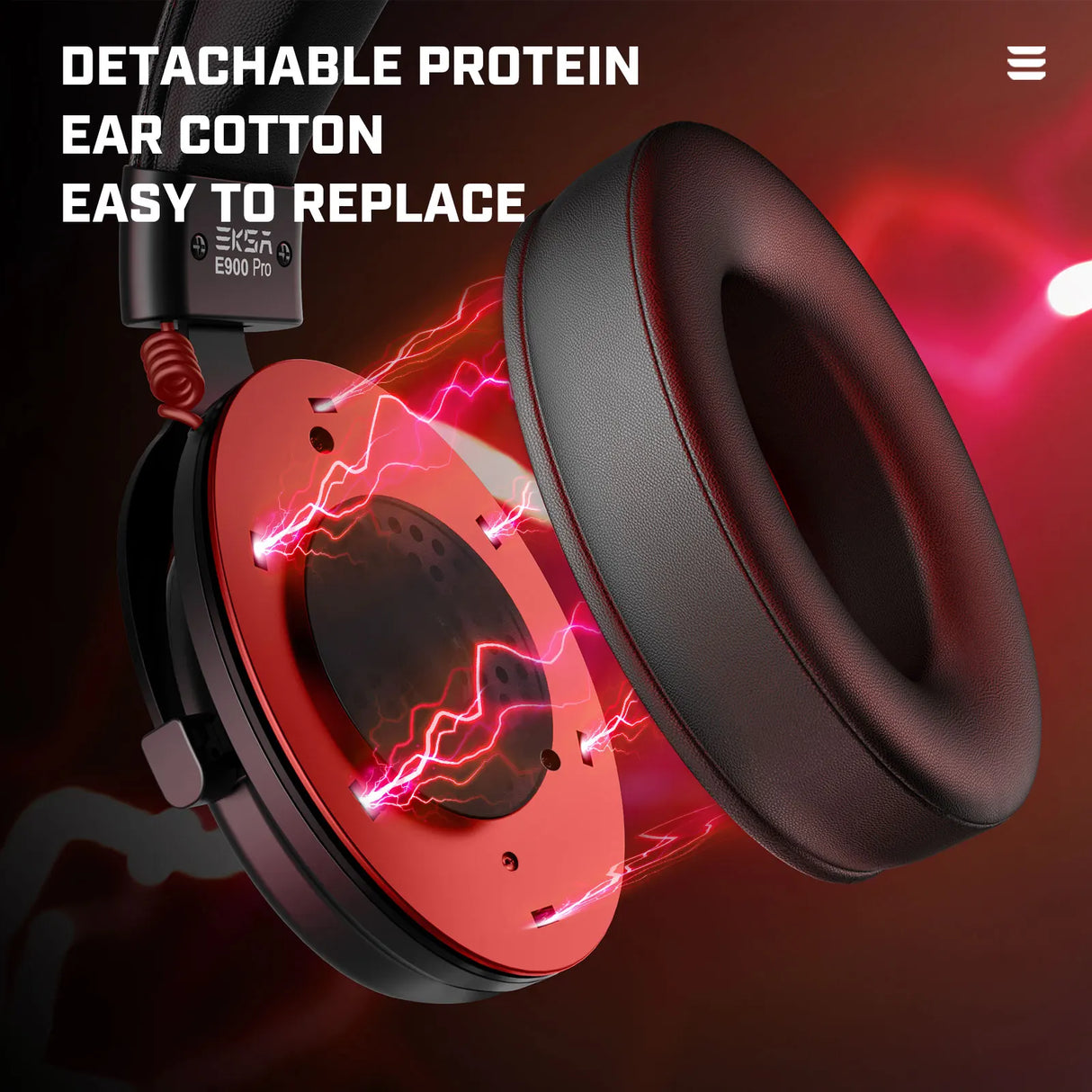 Gaming headset with detachable ear cushion and visible electrical energy effects.