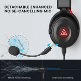 Gaming headset with a detachable noise-cancelling microphone and illuminated logo.