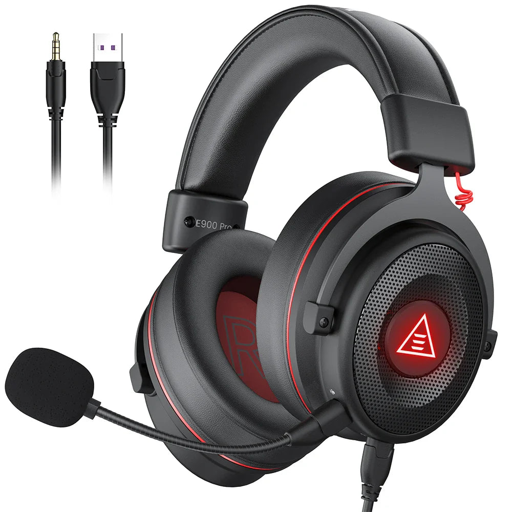 Gaming headset with a detachable microphone and red accents.