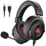 Gaming headset with a detachable microphone and red accents.