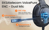 Headset with dual microphones and noise-canceling technology labeled as EKSAtelecom VoicePure ENC.