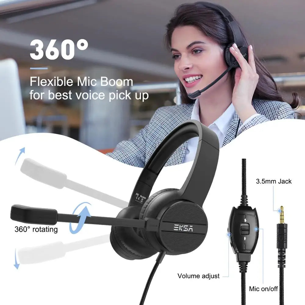 Headset with a flexible microphone boom and 3.5mm jack connection.