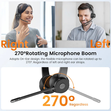 Headset with a flexible microphone boom that can rotate 270 degrees.