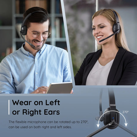 Headset with a flexible microphone that can rotate 270 degrees for use on either ear.