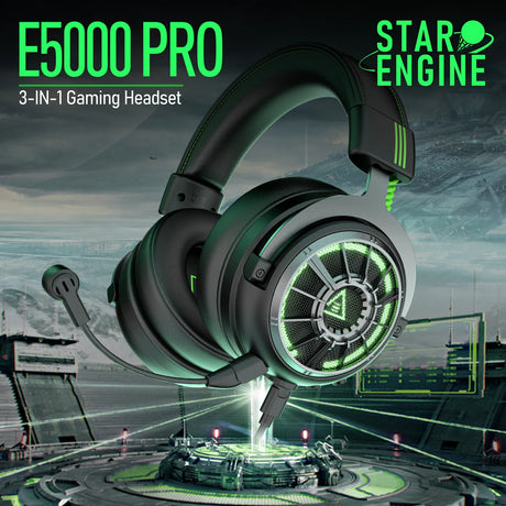 Gaming headset with glowing green accents and a circular design on the ear cup.