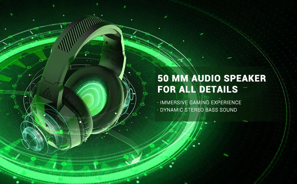 Gaming headset with glowing green accents and a prominent speaker.