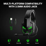 Gaming headset with green LED accents and a microphone.