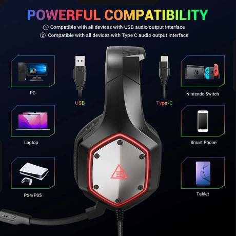 Gaming headset with a hexagonal logo plate and both USB and USB-C connectivity options.