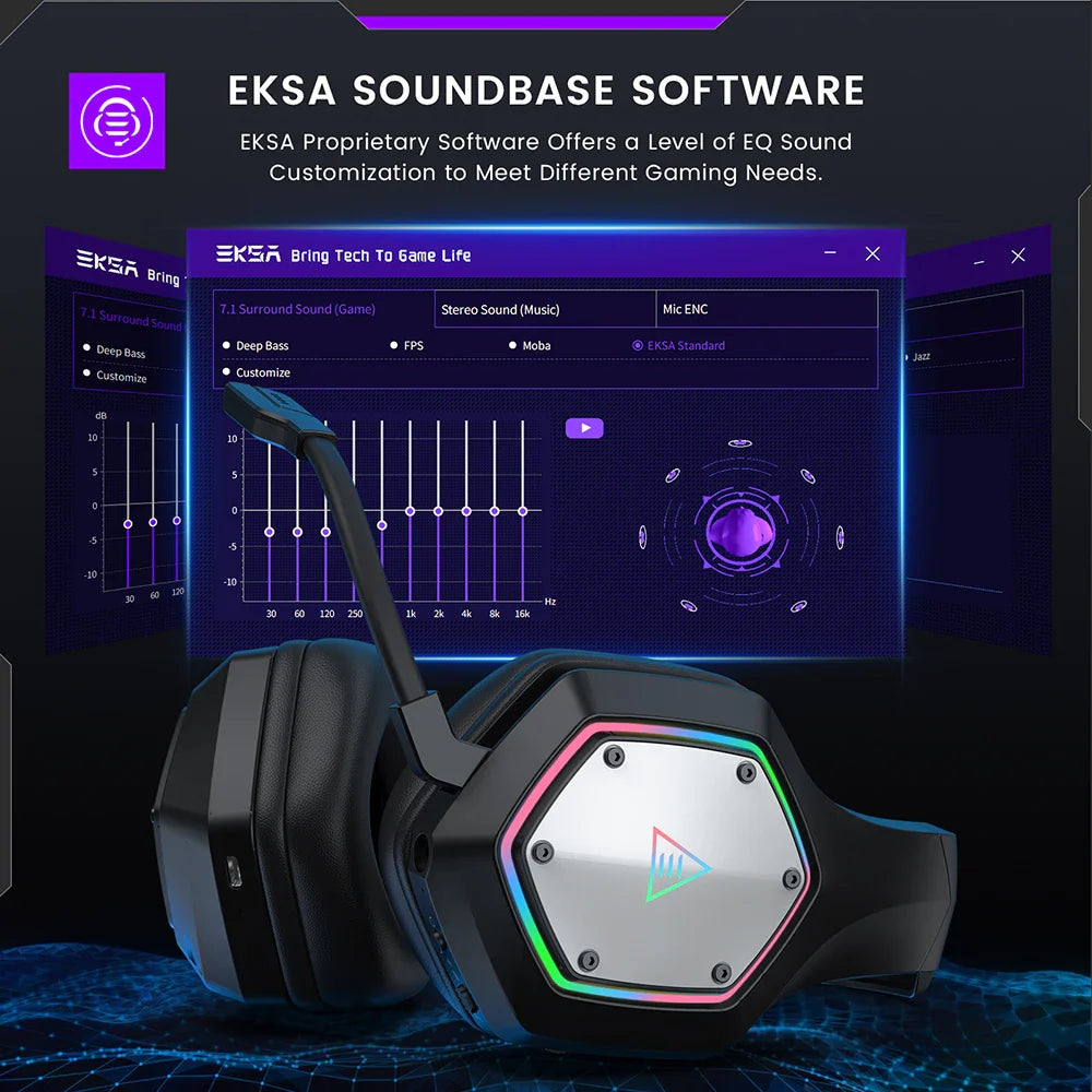 Gaming headset with a hexagonal RGB-lit earcup and attached microphone.