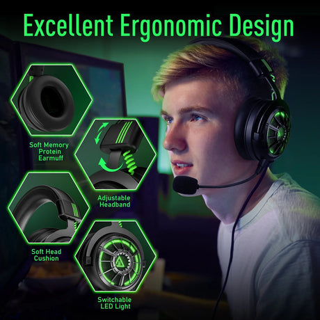 Gaming headset with highlighted ergonomic features.