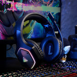 Gaming headset with illuminated accents and an ’L’ logo on the ear cup.