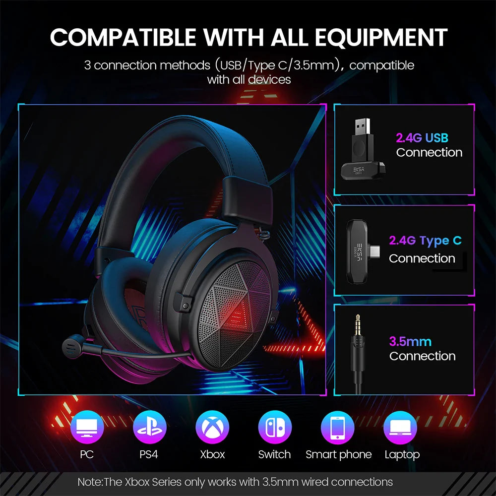 Gaming headset with illuminated elements and multiple connection options.