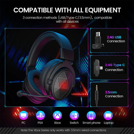 Gaming headset with illuminated elements and multiple connection options.