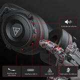 Gaming headset with labeled features including volume control, microphone, USB-C port, power light, and mute button.