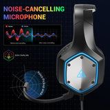 Gaming headset with a noise-cancelling microphone and blue LED accent lighting.