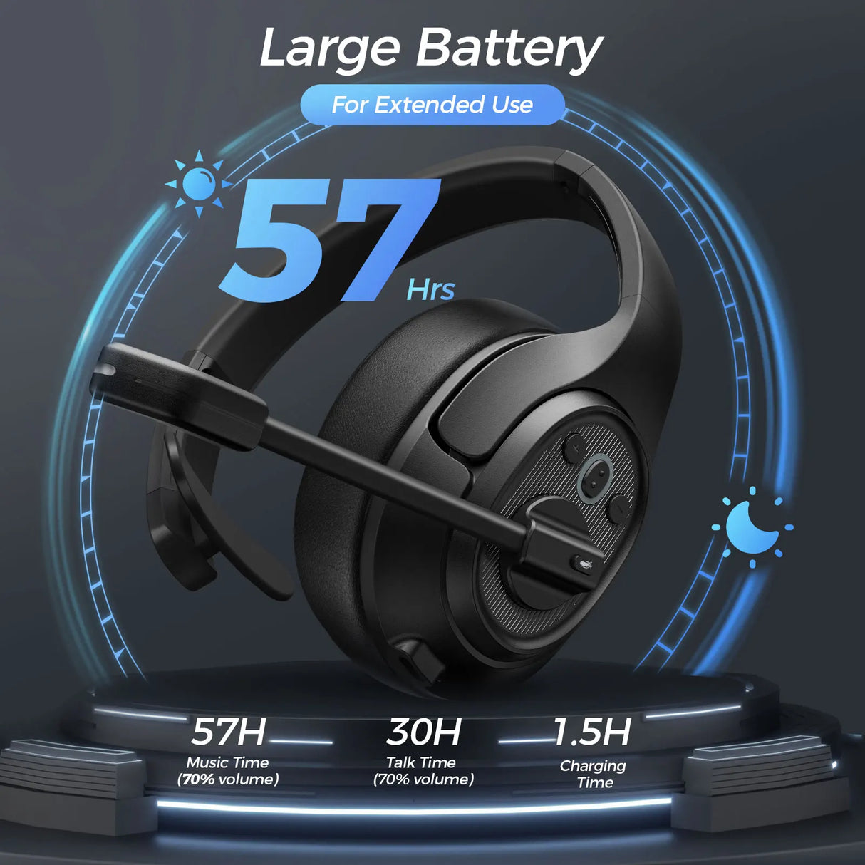 Gaming headset with a microphone and extended battery life of 57 hours.