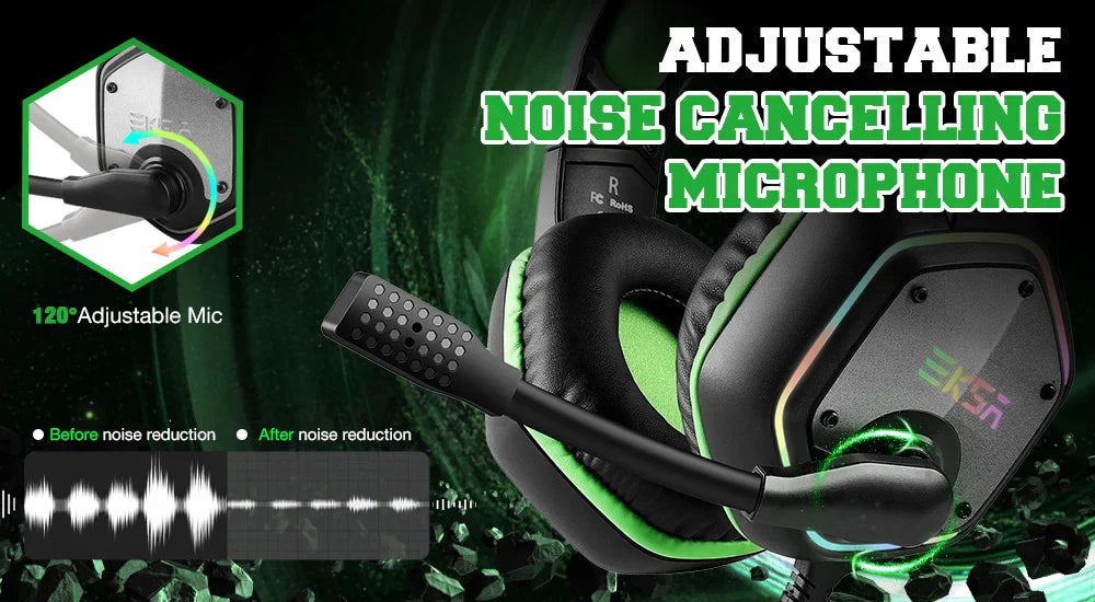 Gaming headset with a noise-cancelling microphone and green accents.