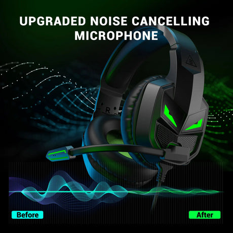 Gaming headset with noise-cancelling microphone and green LED accents.