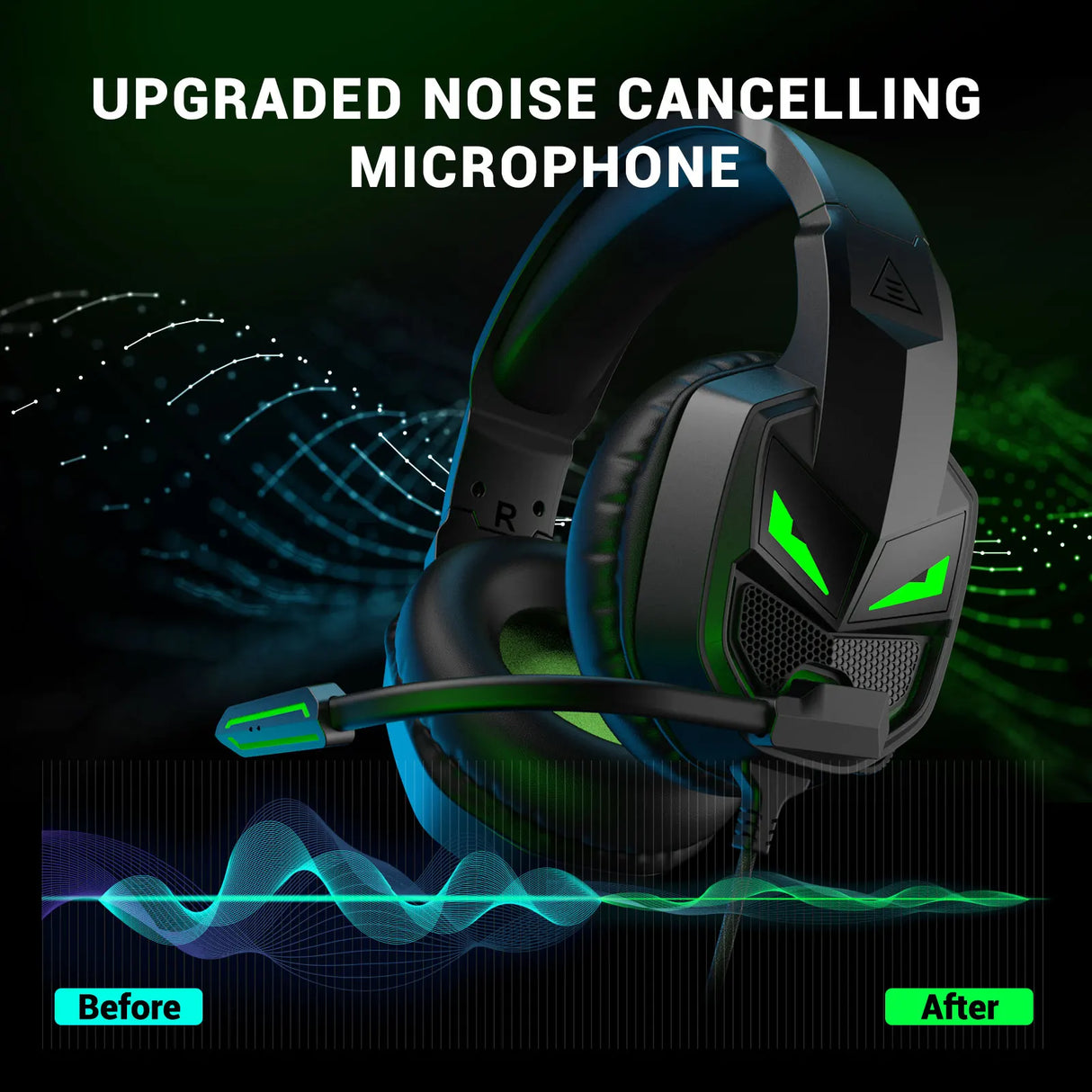 Gaming headset with noise-cancelling microphone and green LED accents.