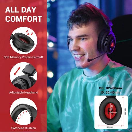 Gaming headset with microphone worn by a smiling person in a green shirt.