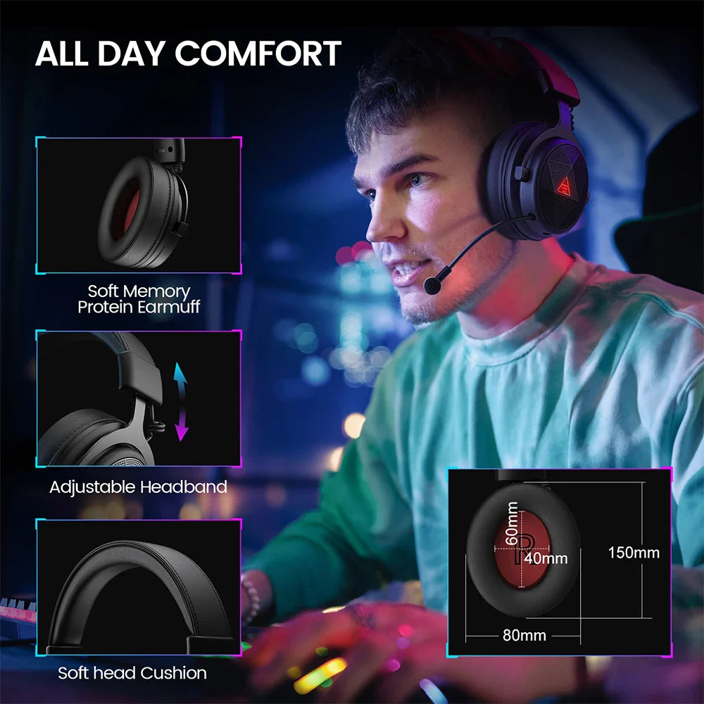 Gaming headset with microphone worn by a person in a colorful environment.