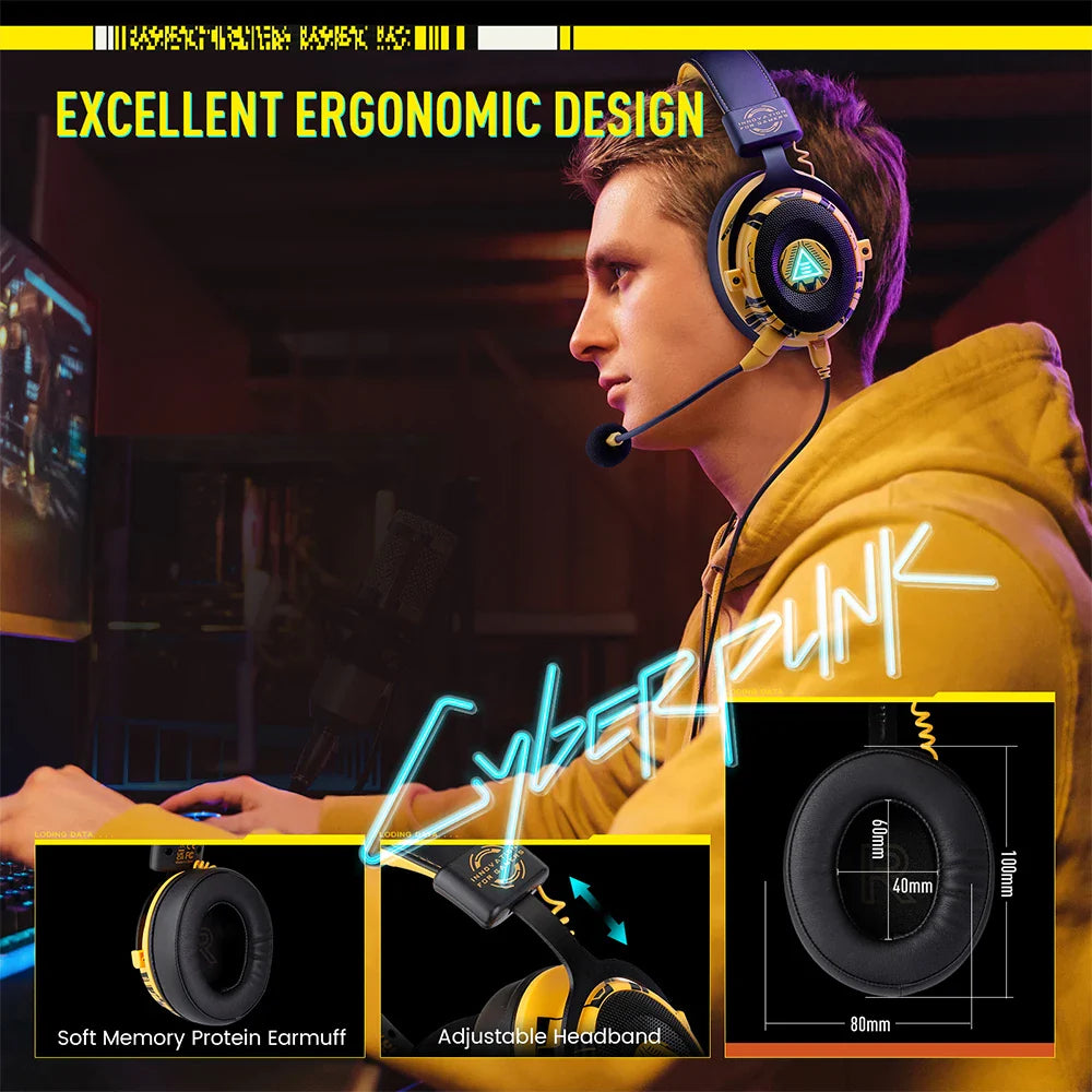 Gaming headset with neon accents and a microphone, worn by a person in a yellow jacket.