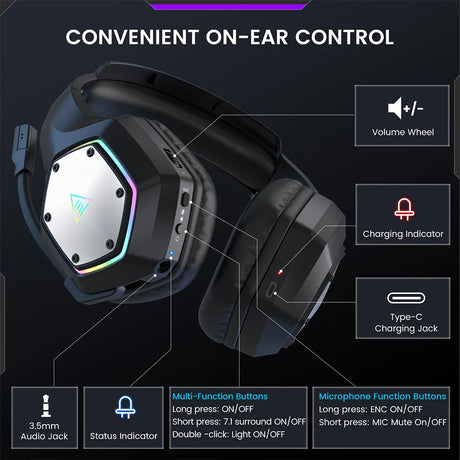 Gaming headset with on-ear controls and RGB lighting.