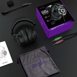 Gaming headset with its packaging and accessories laid out on a dark surface.