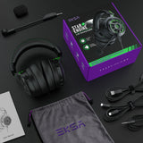 Gaming headset with its packaging and accessories laid out on a dark surface.