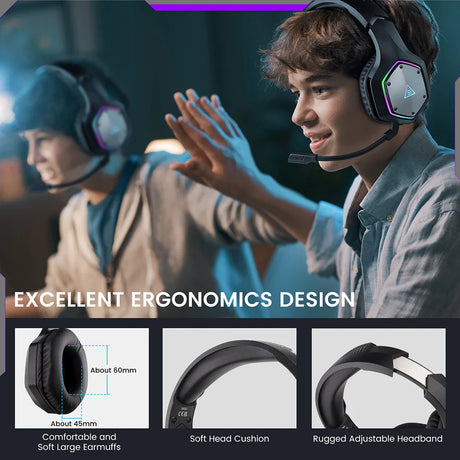 Gaming headset with purple LED lighting and ergonomic design features.