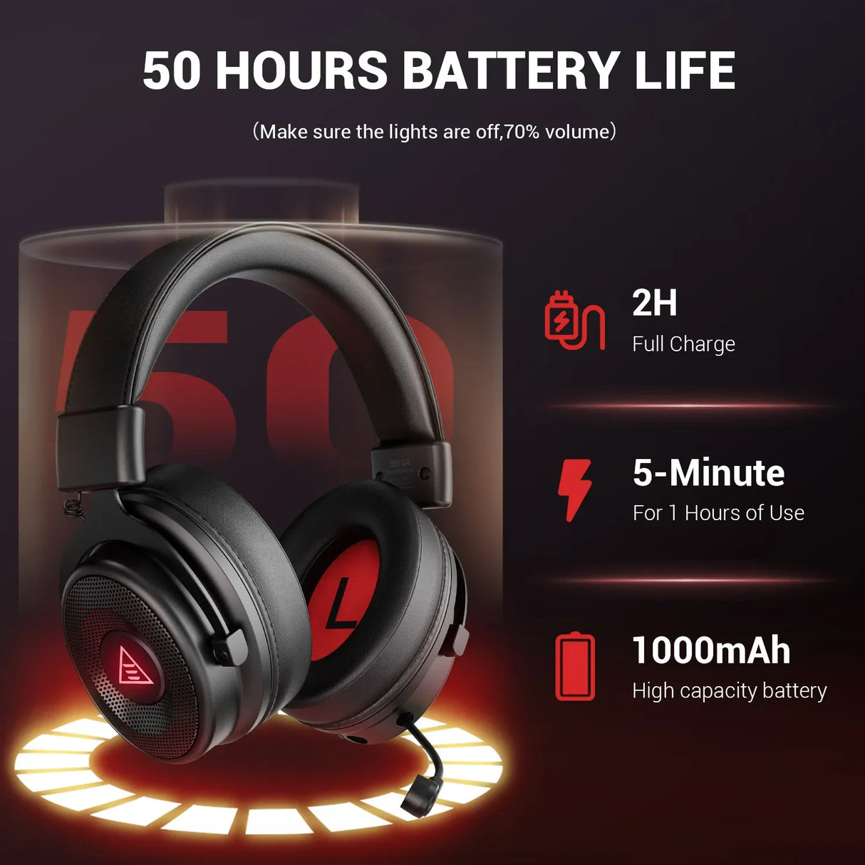 Gaming headset with red accents and a glowing base.