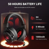 Gaming headset with red accents and a glowing base.
