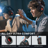 Gaming headset with red accents and a microphone.