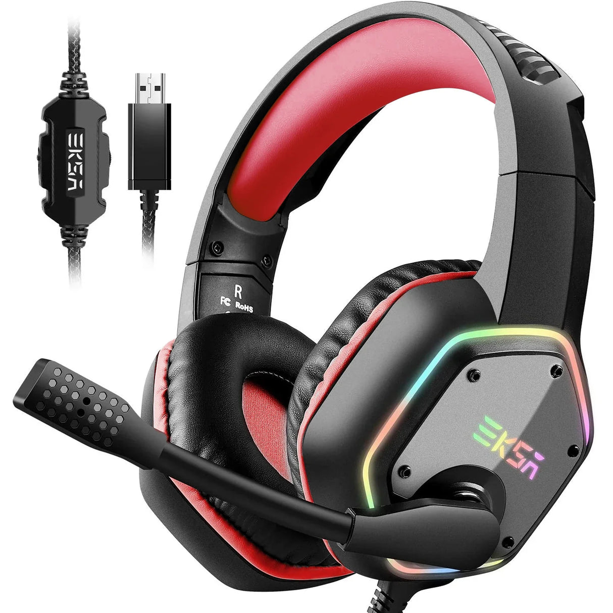 Gaming headset with red and black color scheme, LED lighting, and attached microphone.