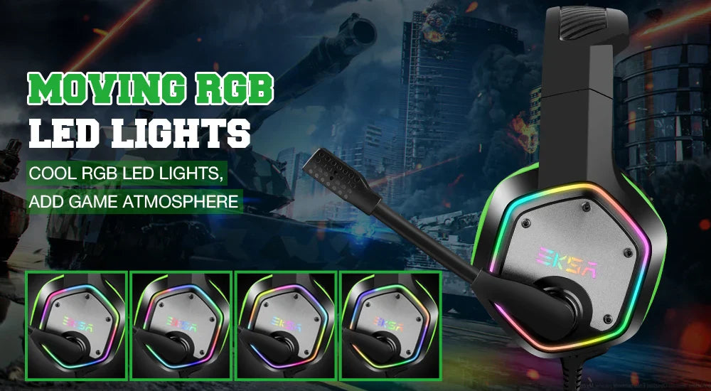 Gaming headset with RGB LED lights and a futuristic hexagonal design.