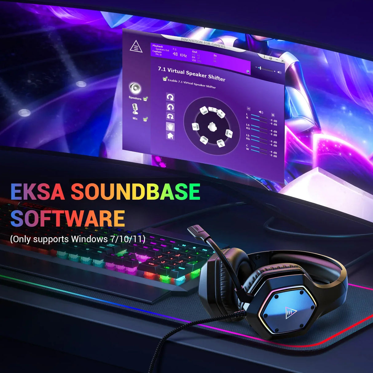 Gaming headset with RGB lighting alongside a keyboard and software interface display.