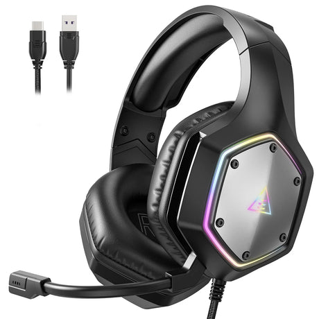 Gaming headset with RGB lighting and attached microphone.