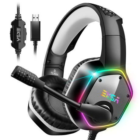 Gaming headset with RGB lighting and attached microphone.