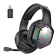 Gaming headset with RGB lighting and a detachable microphone, accompanied by a USB dongle.