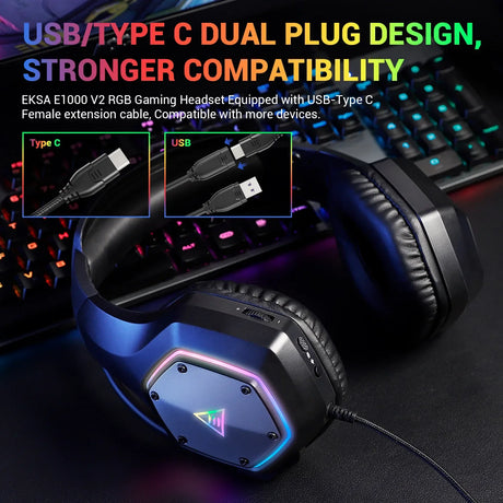 Gaming headset with RGB lighting and dual USB/Type-C plug design.