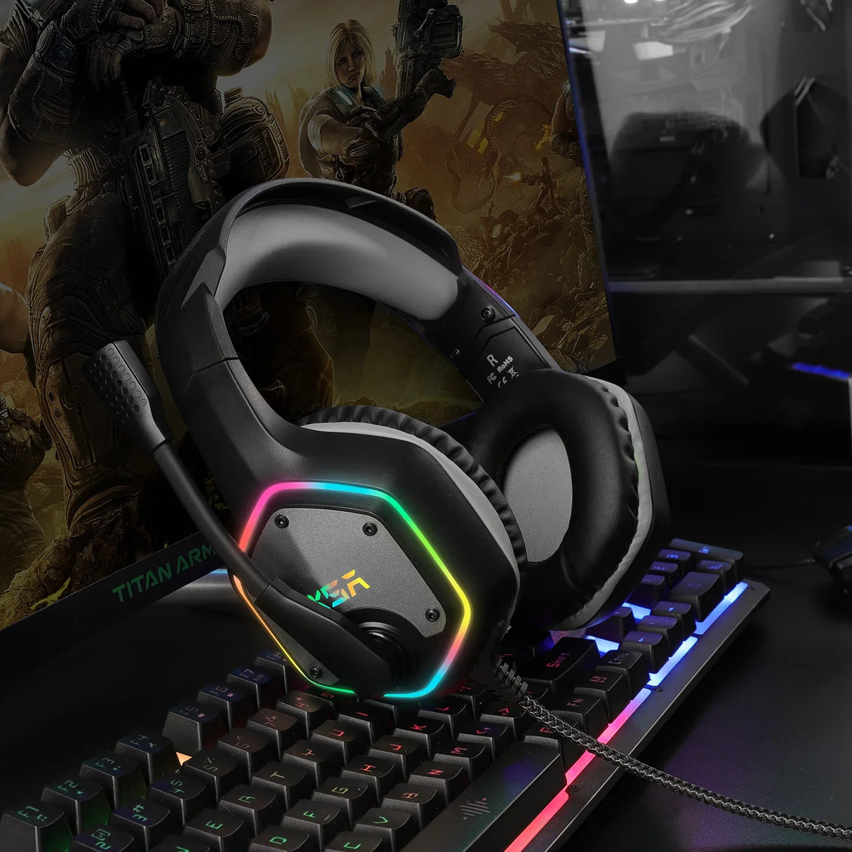 Gaming headset with RGB lighting on the ear cups.