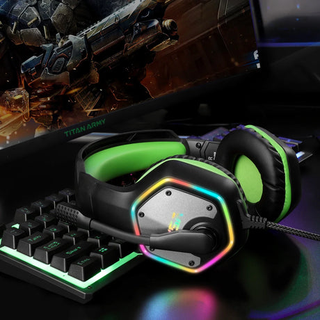 Gaming headset with RGB lighting and green ear cushions.