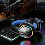 Gaming headset with RGB lighting and a hexagonal ear cup design.